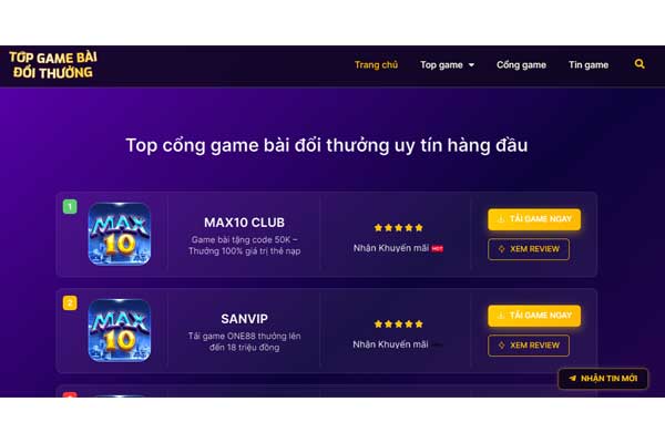 Giao diện website Topgamebaidoithuong.club